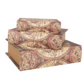 Set 3 cutii tip carte lemn bej maro Harta Lumii 27x22x7 cm, 22x17x6 cm, 17x12x4 cm