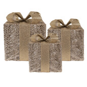 Set 3 decoratiuni Craciun cadouri metal auriu cu leduri (3) 25x25x30 / 20x20x24 / 15x15x17 cm