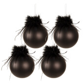 Set 4 globuri brad Craciun sticla pene negre 8x8 cm
