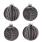 Set 4 globuri sticla neagra alba Craciun 8x8 cm