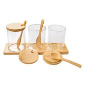 Set 3 borcane cu suport lemn sticla 8x10 cm, 29x9x12 cm