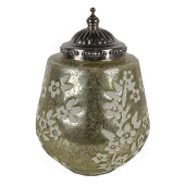 Candela cu led sticla verde alba metal argintiu 13x19 cm