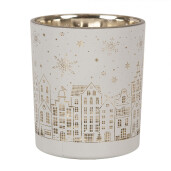 Set 3 candele Craciun sticla alba aurie 7x8 cm, 9x10 cm, 10x12 cm