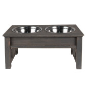 Bol dublu hranire animale inox lemn gri 40x22x18 cm, 2x500 ml