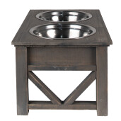 Bol dublu hranire animale inox lemn gri 40x22x18 cm, 2x500 ml