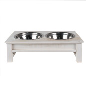 Bol dublu hranire animale inox lemn alb 40x22x18 cm, 2x500 ml