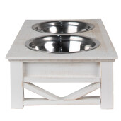 Bol dublu hranire animale inox lemn alb 40x22x18 cm, 2x500 ml
