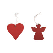 Set 12 ornamente brad Inimioare, Ingeri lemn alb rosu 13x13x1 cm (12)