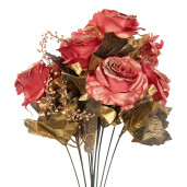 Buchet Trandafiri artificiali rosii aurii 18x15x50 cm