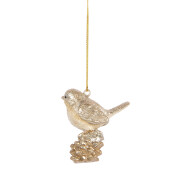 Set 2 ornamente brad Craciun Pasare polirasina bej aurie  6x3x6 cm