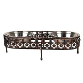 Bol dublu hranire animale fier maro inox 43x18x12 cm, 2x500 ml