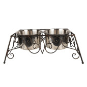 Bol dublu hranire animale fier maro inox 46x26x16 cm, 2x2000 ml