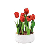 Lalele artificiale rosii in ghiveci ceramica alba 18,5 x 32 cm