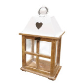 Felinar lemn maro metal alb 18 x 14 x 33 cm