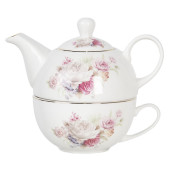 Set ceainic cu ceasca din portelan alb cu decor floral roz 17 cm x 11 cm x 14 h