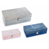 Set 3 casete bijuterii, din catifea gri albastra roz, 34 cm x 19.5 cm x 11 h
