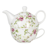Set ceainic cu ceasca din portelan decor floral alb roz 17x11x14 cm , 0.4 L