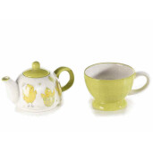 Set ceainic cu ceasca din ceramica alba verde model Puisori 17x11x17 cm