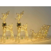 Sanie decorativa cu 2 Reni si leduri din metal auriu 56x13x33 cm
