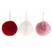 Set 3 ornamente brad din textil pufos alb rosu roz Ø 10 cm