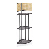 Raft fier forjat pentru colt 3 polite negru si rattan natur Elyot 49 cm x 34 cm x 122 h