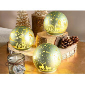 Set 3 sfere decorative Craciun sticla verde aurie cu led 9.5x9 cm
