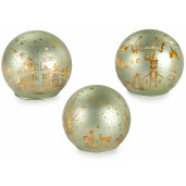 Set 3 sfere decorative Craciun sticla verde aurie cu led 9.5x9 cm
