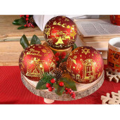 Set 3 sfere decorative Craciun sticla rosie aurie cu led 10x9 cm