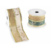 Set 4 panglici Craciun textil natur auriu verde 63 mm x 10 m