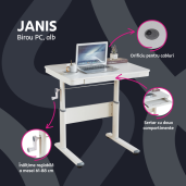 Birou inaltime reglabila alb Janis 80x60x63-88 cm