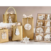 Set 144 ornamente brad Craciun lemn alb auriu 6x5 cm