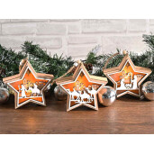 Set 9 ornamente brad Craciun lemn cu led 12x3.5x11 cm