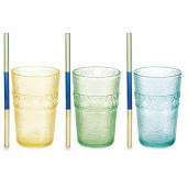 Set 6 pahare cu paie sticla multicolora Ø 8 cm x 12,5 H, 350 ml