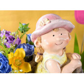 Figurina Fetita cu ghiveci flori polirasina multicolora cm 26,5 x 12,5 x 23,5 H
