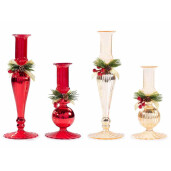 Set 4 sfesnice Craciun sticla rosie aurie 7.5x23 cm, 7.5x15.5 cm