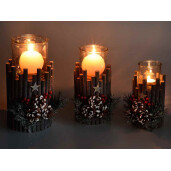Set 3 candele Craciun lemn maro 16x19.5x30 cm, 13x17x26 cm, 14x15x22 cm