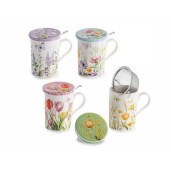 Set 4 cani portelan cu infuzoare ceai in cutii cadou Flowers Ø 8 x 10,5 H, 350 ml 
