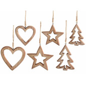 Set 6 ornamente brad Craciun lemn natur 8.5x12 cm, 7x10 cm