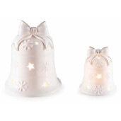 Set 2 clopotei Craciun portelan alb cu led 12x14.5 cm, 8x9.5 cm