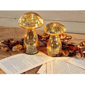 Set 2 Ciupercute decorative sticla aurie cu led Ø 11 cm x 18 H, Ø 9,5 x 15 H