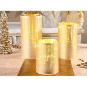 Set 3 candele Craciun sticla aurie cu led 10x20 cm, 9x16 cm, 9x12 cm