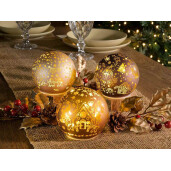 Set 3 sfere decorative Craciun sticla maro aurie cu led Ø 10 cm x 9 H