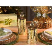 Set 2 candele Craciun sticla aurie cu led Ø 7,5 cm x 20,5 H, Ø 7,5 x 17,5 H 