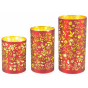 Set 3 candele Craciun sticla rosie aurie cu led 10x20 cm, 9x16 cm, 9x12 cm 