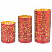 Set 3 candele Craciun sticla rosie aurie cu led 10x20 cm, 9x16 cm, 9x12 cm 