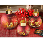 Set 3 globuri Craciun sticla rosie aurie 14.5x19.5 cm, 11.5x16.5 cm, 10x14 cm
