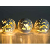 Set 3 sfere decorative sticla alba aurie cu led Nasterea Domnului 10x9.5 cm