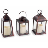 Set 3 felinare plastic maro cu led 10x10x24.5 cm