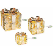 Set 3 decoratiuni Craciun metal auriu cu leduri 25x25x28 cm, 20x20x23 cm, 15x15x17 cm