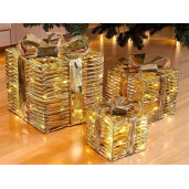 Set 3 decoratiuni Craciun metal auriu cu leduri 25x25x28 cm, 20x20x23 cm, 15x15x17 cm